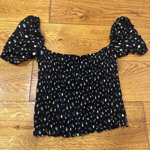 Reformation Black and White Puff Sleeve Smocked Blouse